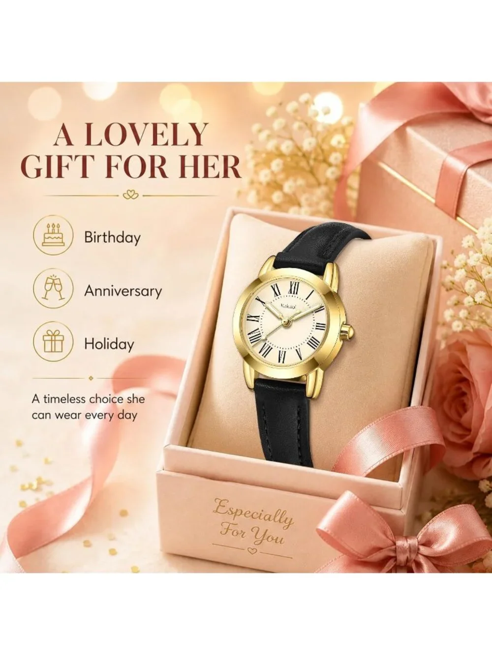 Women's Black Gold Vintage Analog Slim Leather Strap Quartz Movement Wristwatch